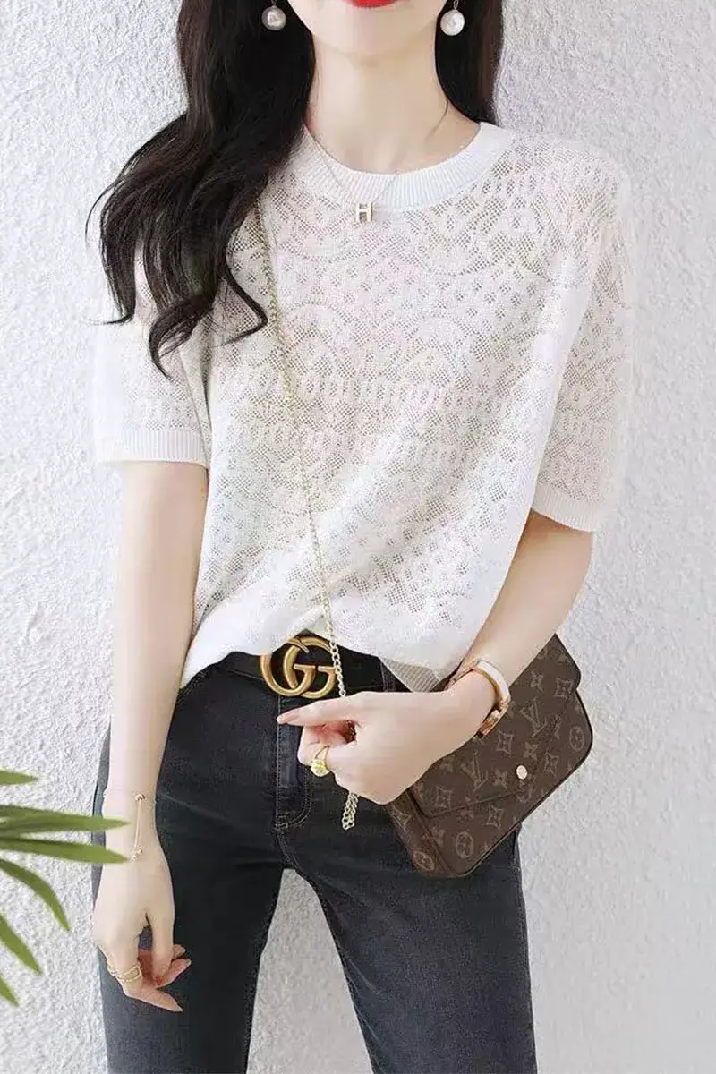 Women White Ice Silk Short Sleeve Sweater Top — feature 3