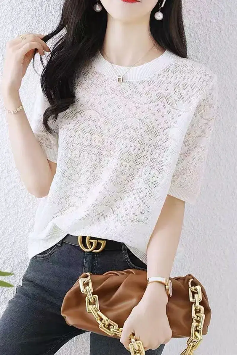 Women White Ice Silk Short Sleeve Sweater Top — feature 4