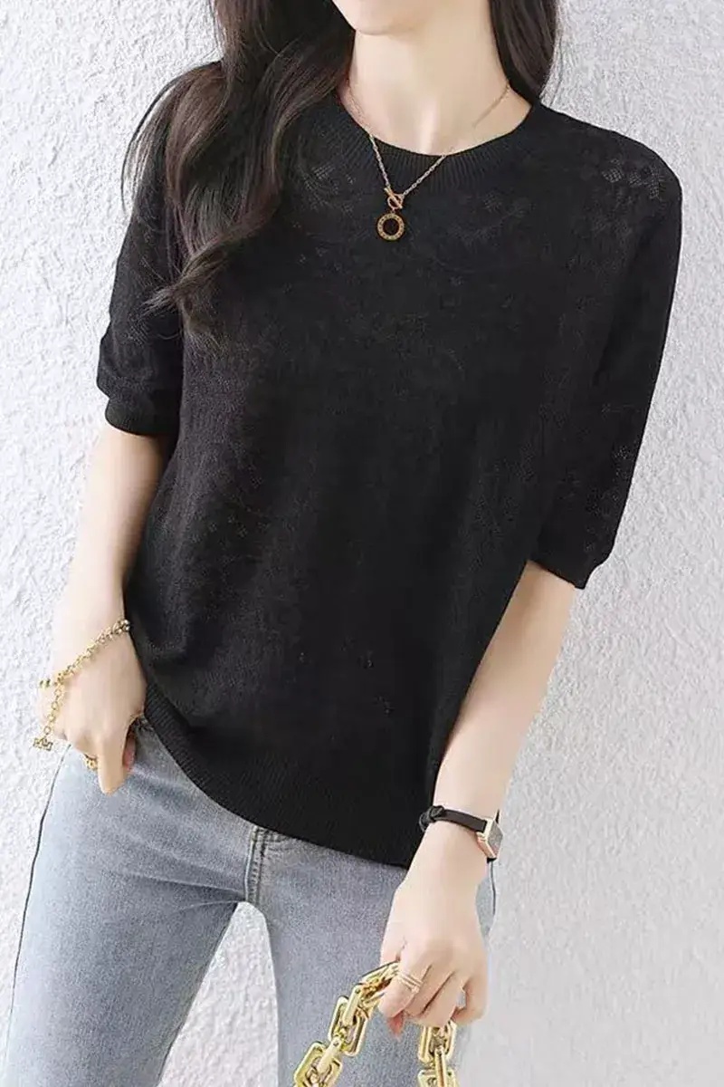 Women White Ice Silk Short Sleeve Sweater Top — feature 5