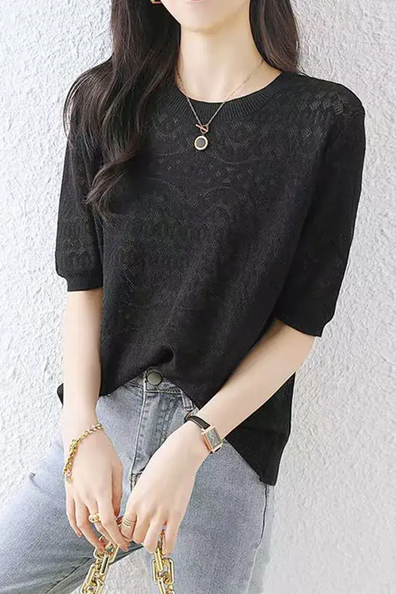 Women White Ice Silk Short Sleeve Sweater Top — feature 6