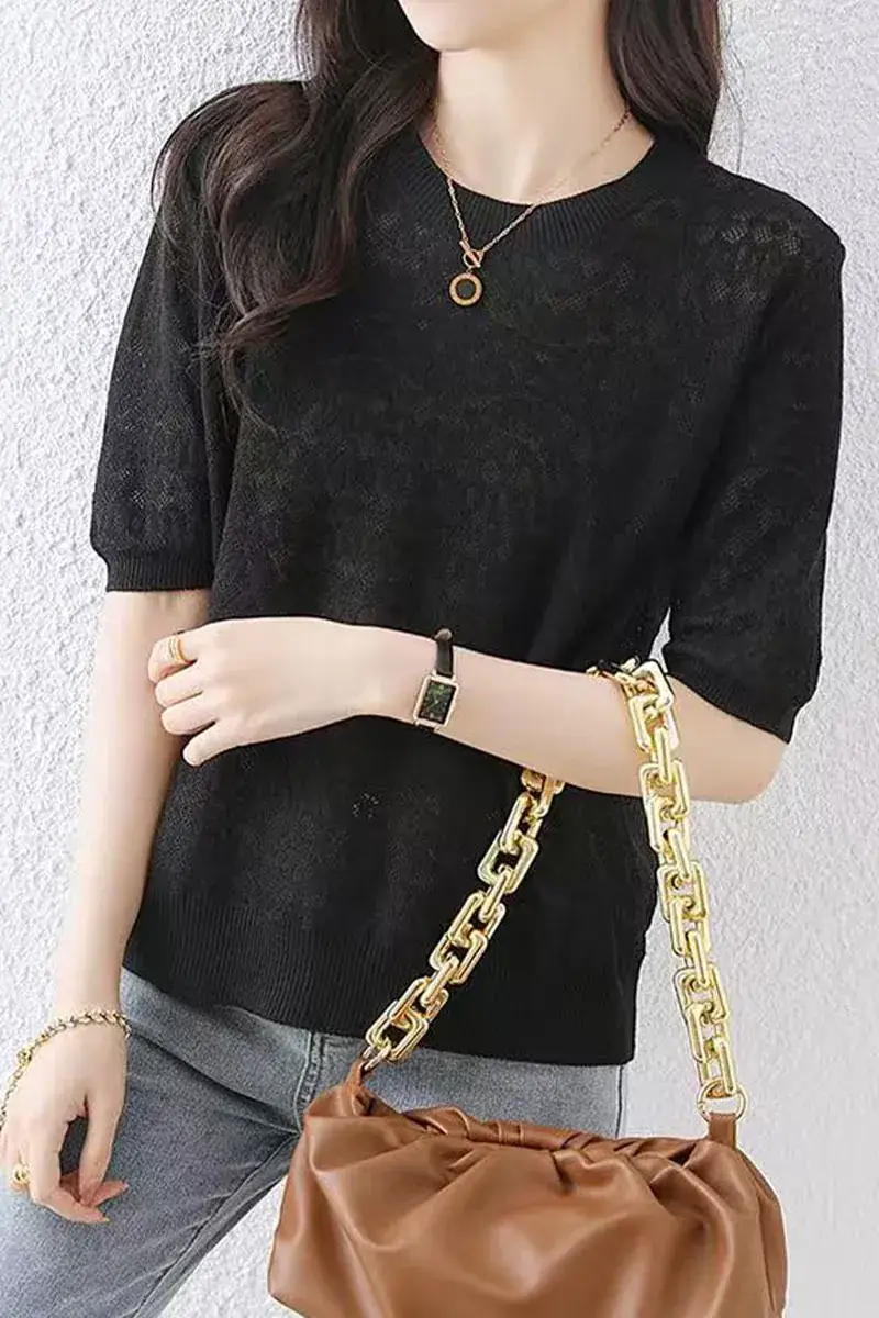 Women White Ice Silk Short Sleeve Sweater Top — feature 7