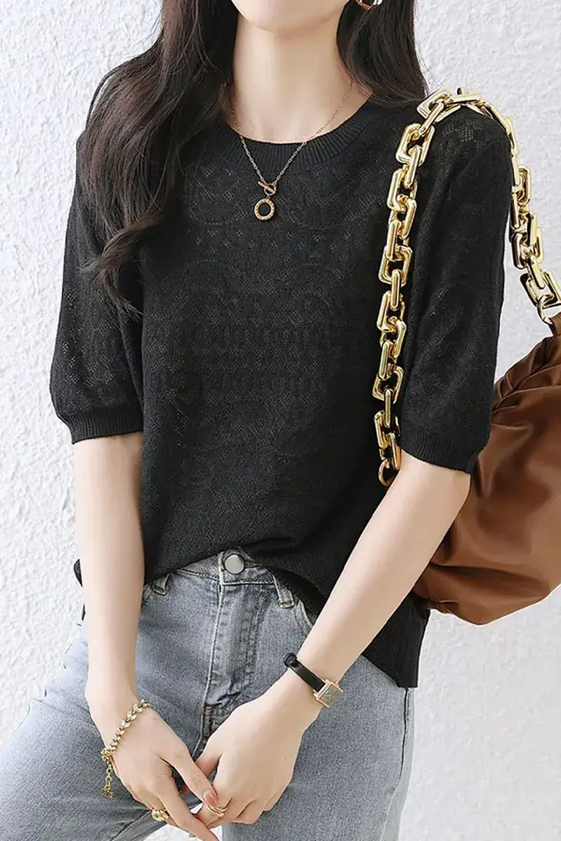 Women White Ice Silk Short Sleeve Sweater Top — feature 8