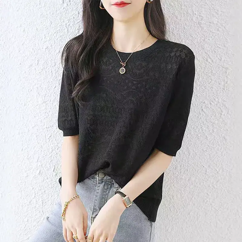 Women White Ice Silk Short Sleeve Sweater Top - Image 2