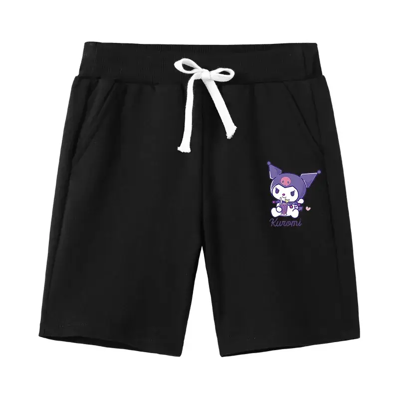 Kids Cotton Drawstring Shorts Black with Cartoon Print - Image 2
