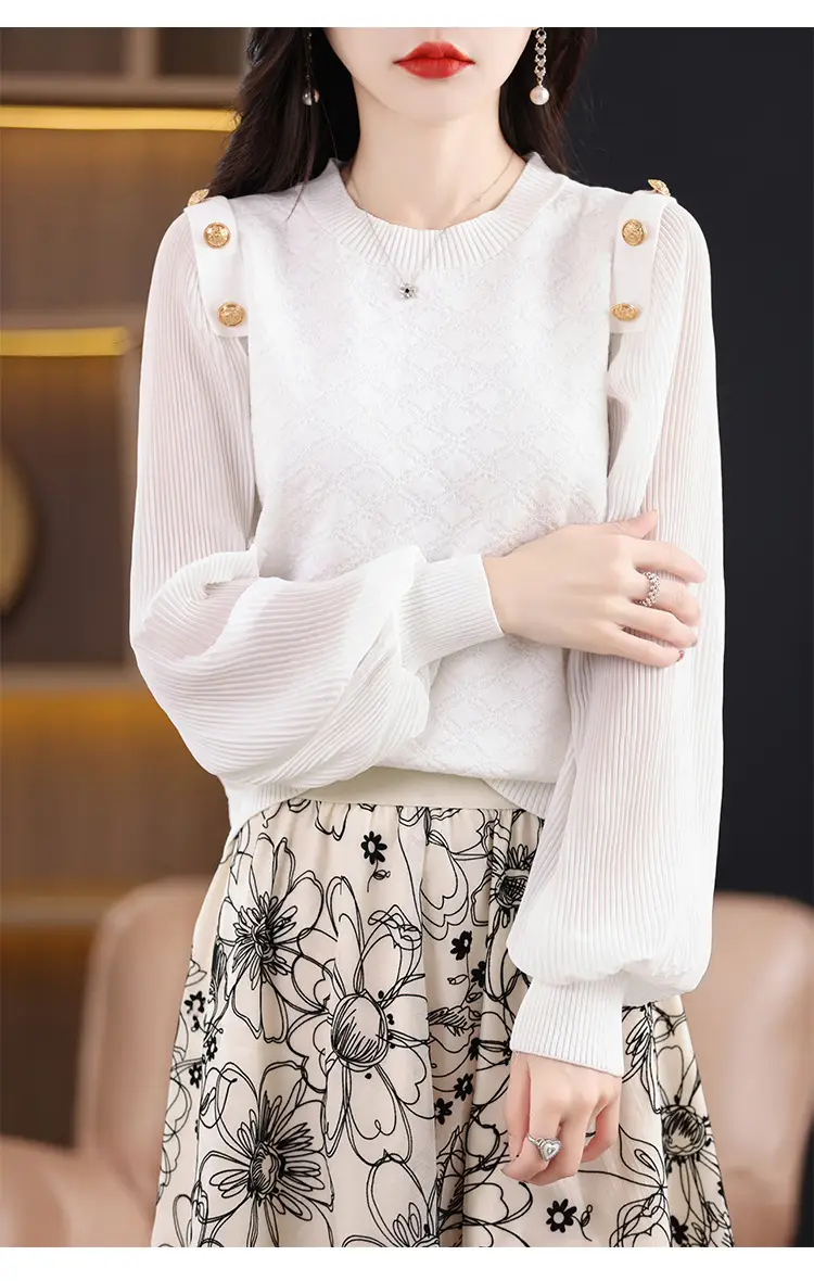 White Knit Sweatshirt for Women New Chiffon Loose Fit — feature 24