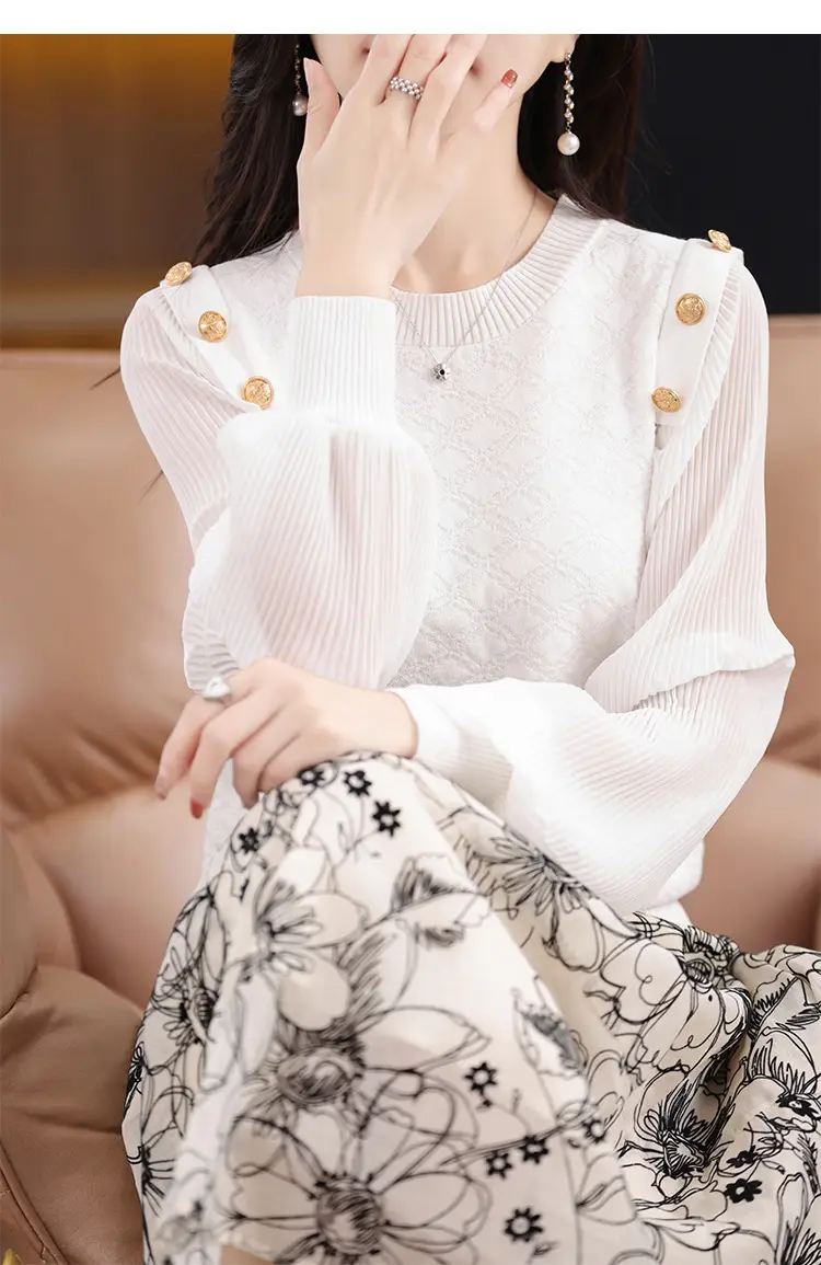White Knit Sweatshirt for Women New Chiffon Loose Fit — feature 25