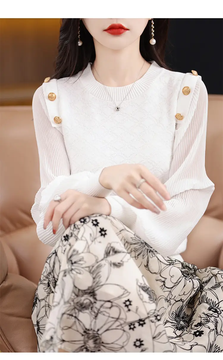 White Knit Sweatshirt for Women New Chiffon Loose Fit — feature 26