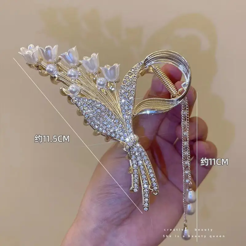 Rhinestone Pearl Tassel Hairpin Clip Gold 11.5cm - Image 7