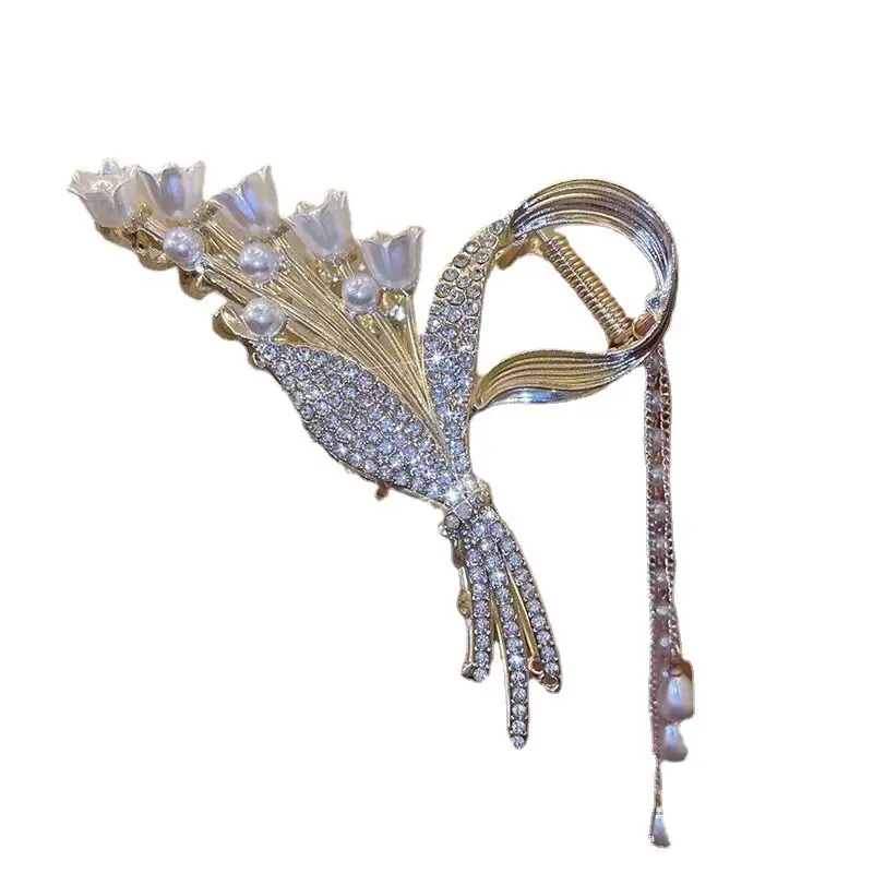 Rhinestone Pearl Tassel Hairpin Clip Gold 11.5cm - Image 9