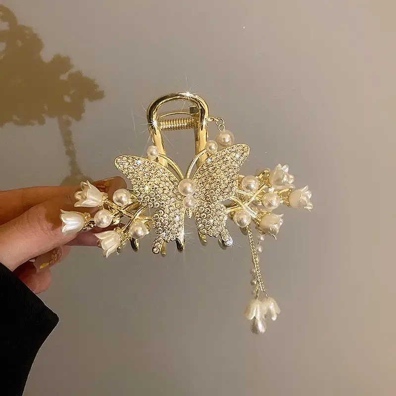 Rhinestone Pearl Tassel Hairpin Clip Gold 11.5cm - Image 3
