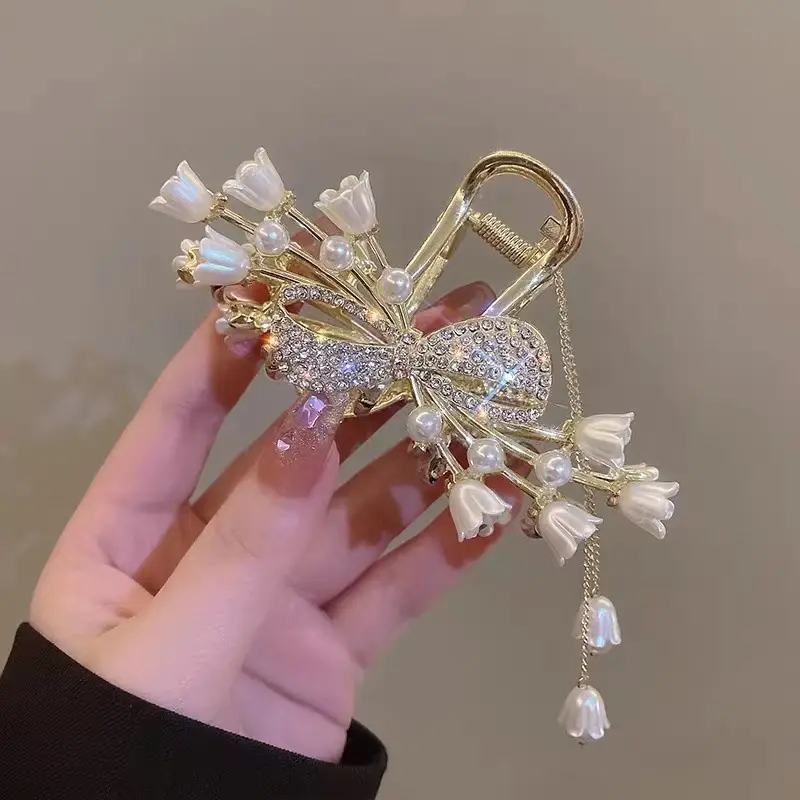 Rhinestone Pearl Tassel Hairpin Clip Gold 11.5cm - Image 4