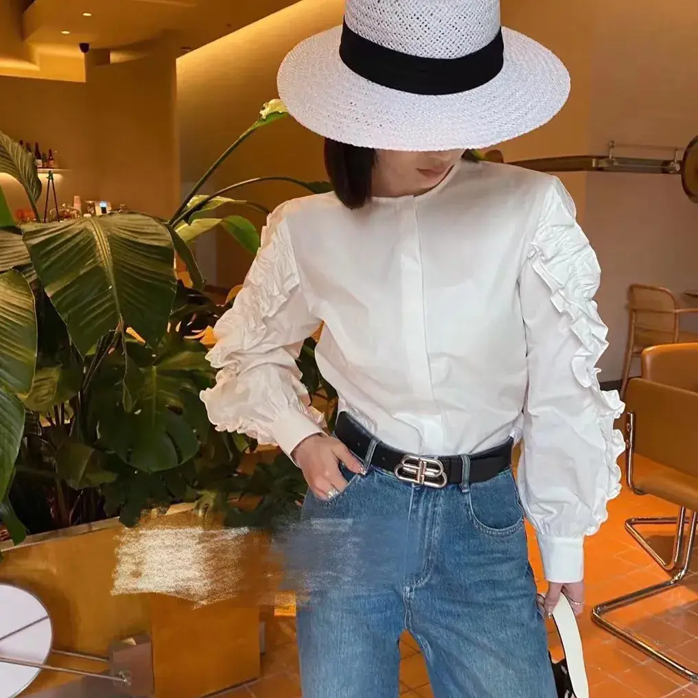 White Ruffled Long Sleeve Women's Shirt 2023 - Image 2