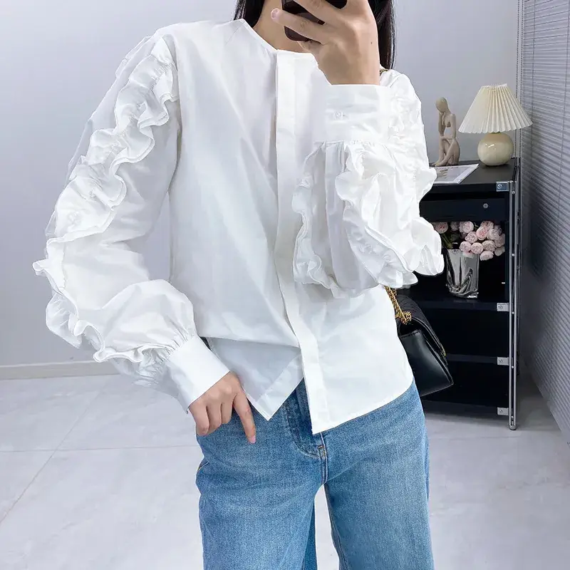 White Ruffled Long Sleeve Women's Shirt 2023 - Image 3