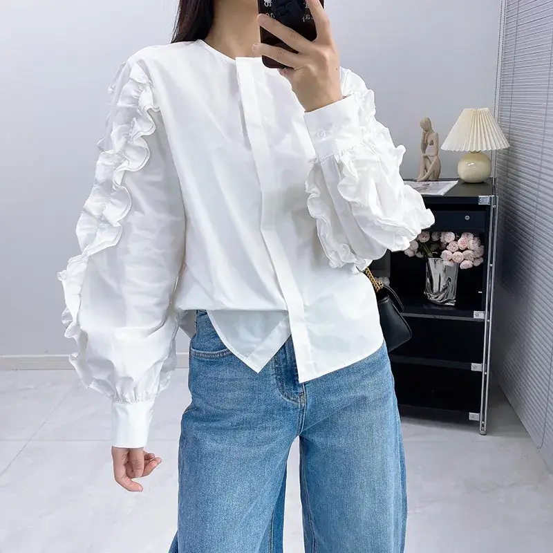 White Ruffled Long Sleeve Women's Shirt 2023 - Image 4