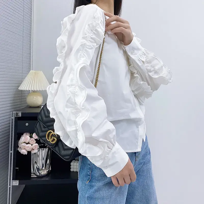 White Ruffled Long Sleeve Women's Shirt 2023 - Image 5
