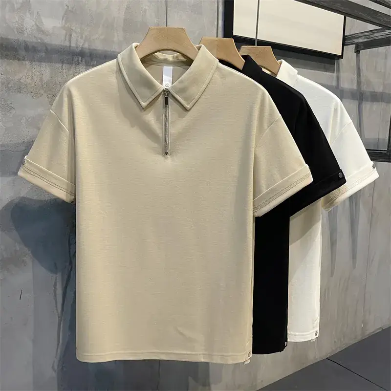 Men's Beige Zipper Polo Shirt Short Sleeve - Image 2