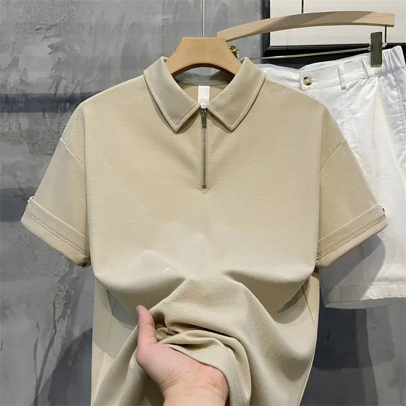 Men's Beige Zipper Polo Shirt Short Sleeve - Image 3