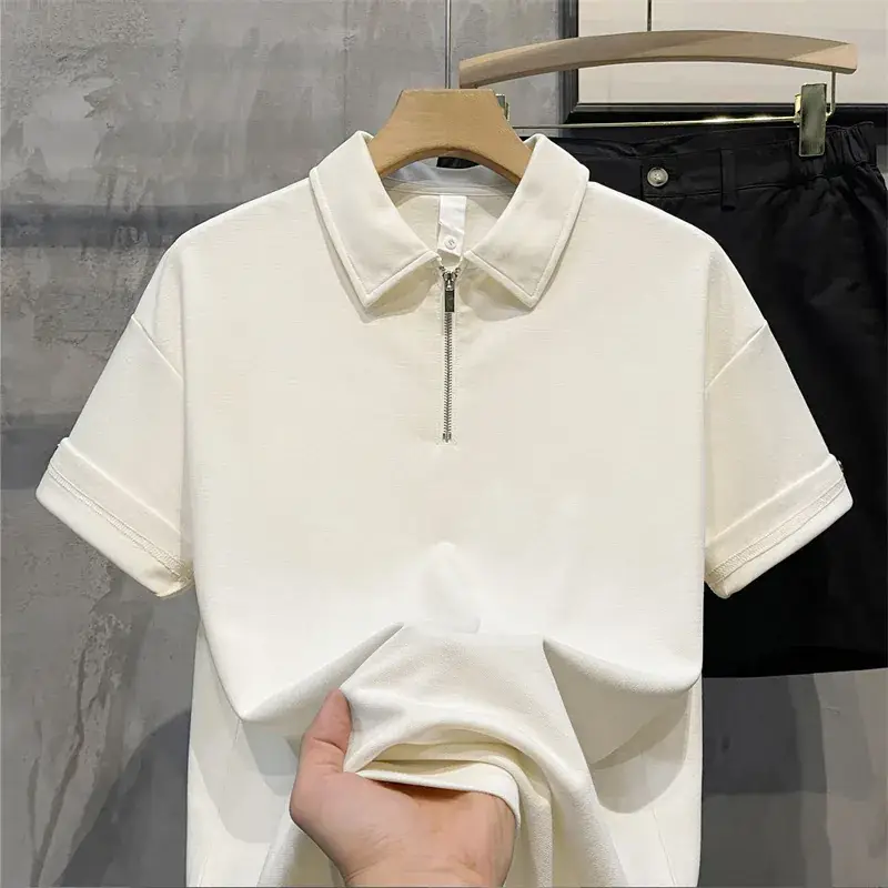 Men's Beige Zipper Polo Shirt Short Sleeve - Image 4