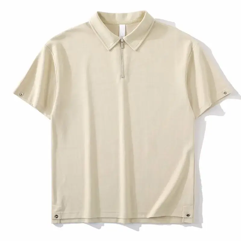 Men's Beige Zipper Polo Shirt Short Sleeve - Image 5