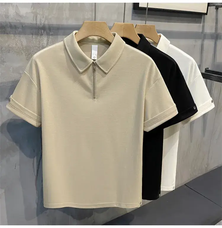Men's Beige Zipper Polo Shirt Short Sleeve — feature 10