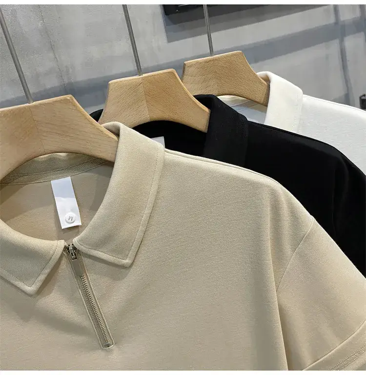 Men's Beige Zipper Polo Shirt Short Sleeve — feature 11