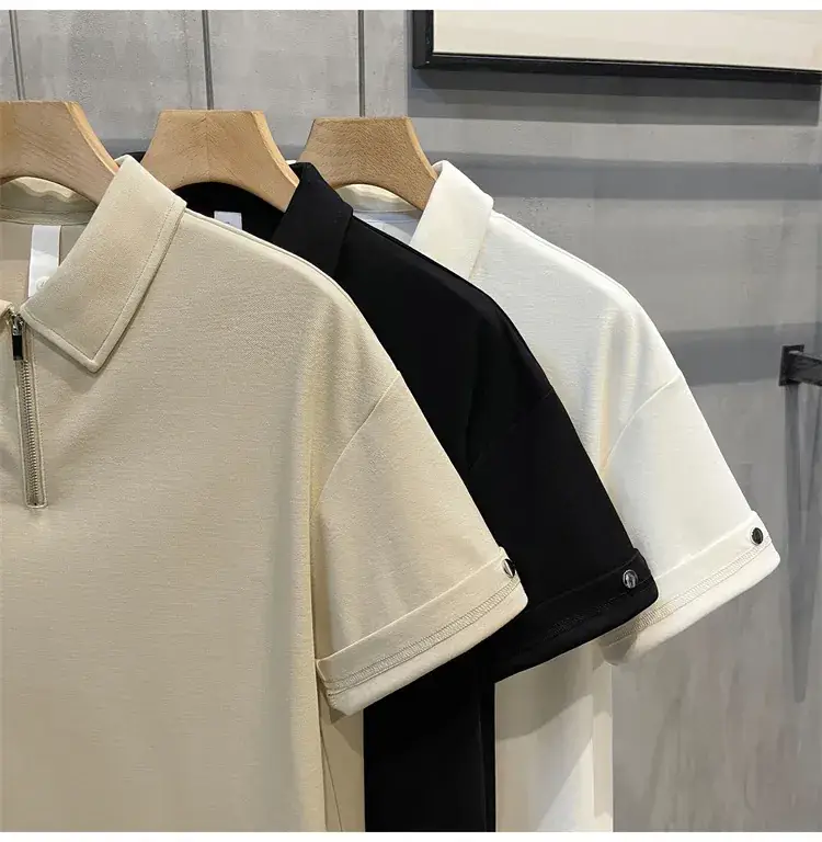 Men's Beige Zipper Polo Shirt Short Sleeve — feature 12