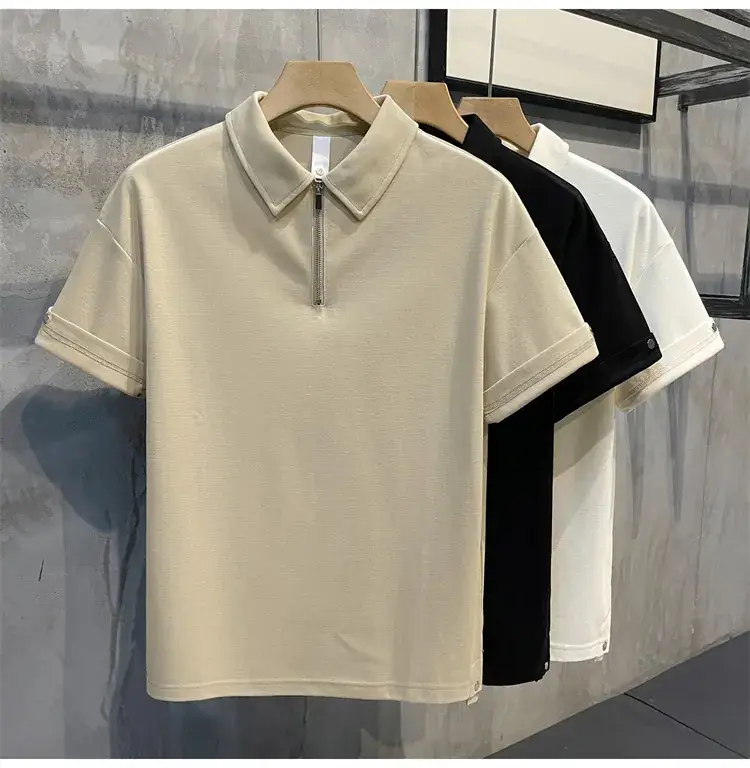 Men's Beige Zipper Polo Shirt Short Sleeve — feature 13