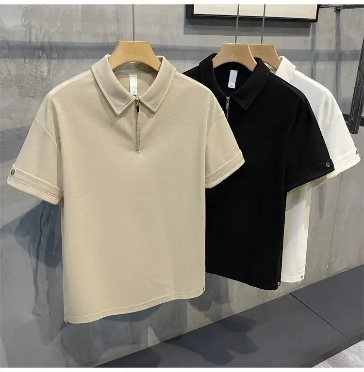 Men's Beige Zipper Polo Shirt Short Sleeve — feature 14