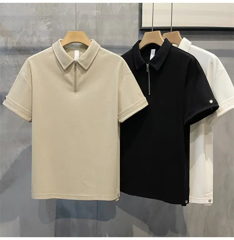 Men's Beige Zipper Polo Shirt Short Sleeve — feature 15