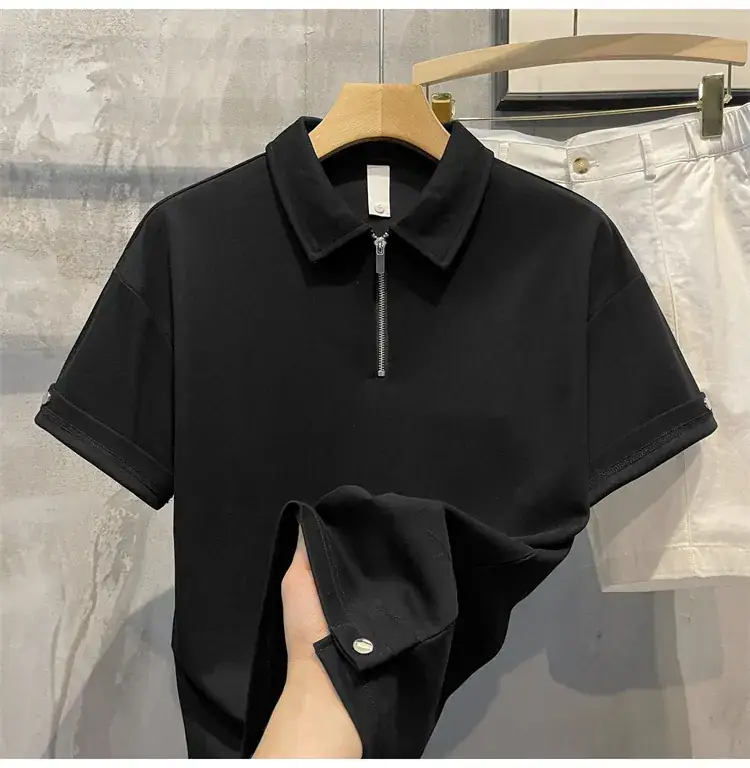 Men's Beige Zipper Polo Shirt Short Sleeve — feature 16