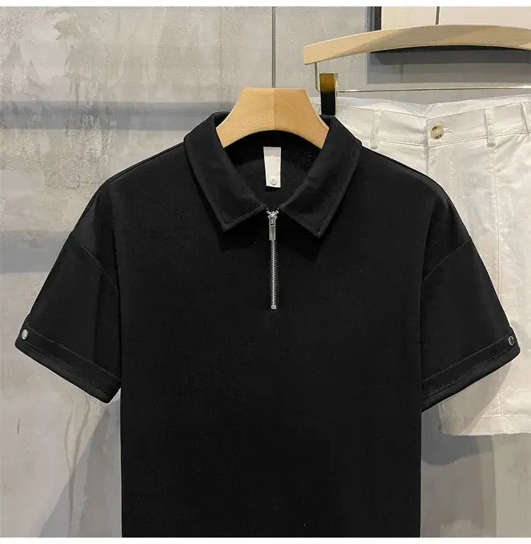 Men's Beige Zipper Polo Shirt Short Sleeve — feature 17