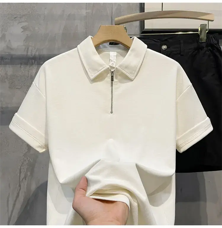 Men's Beige Zipper Polo Shirt Short Sleeve — feature 19