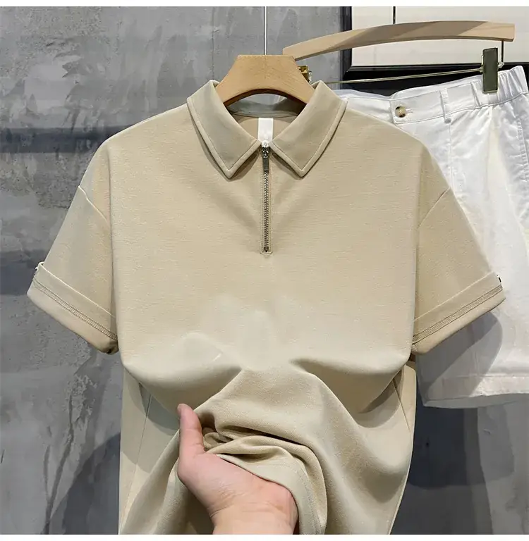 Men's Beige Zipper Polo Shirt Short Sleeve — feature 20