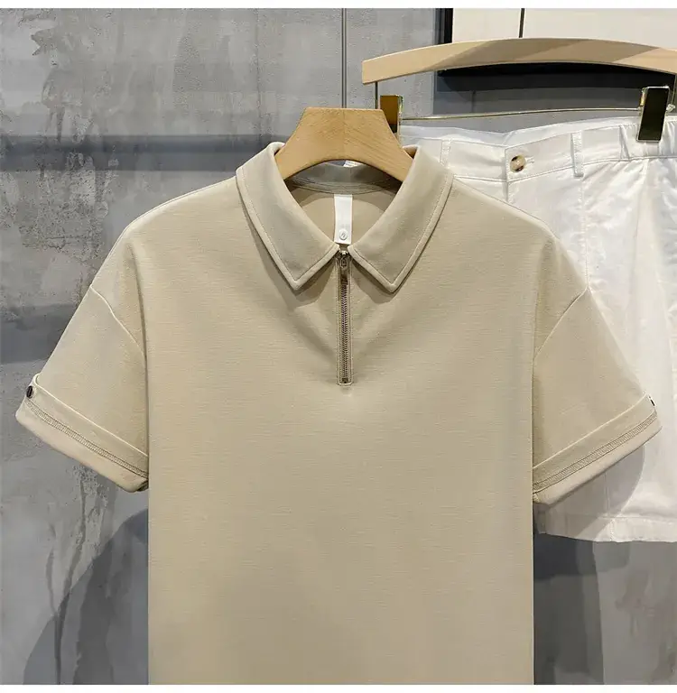 Men's Beige Zipper Polo Shirt Short Sleeve — feature 21