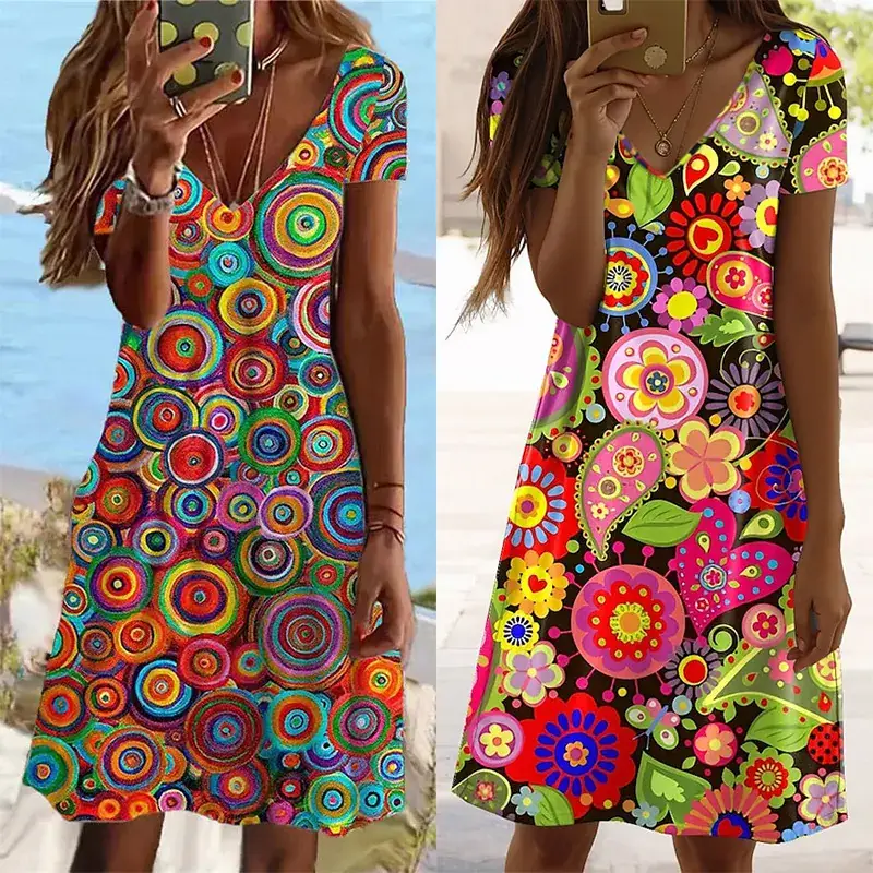 2024 Geometric V-neck Midi Dress Short Sleeve - Image 3