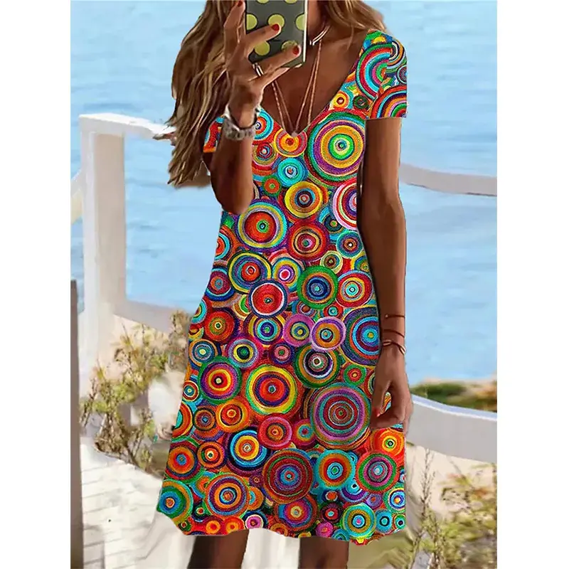 2024 Geometric V-neck Midi Dress Short Sleeve - Image 5