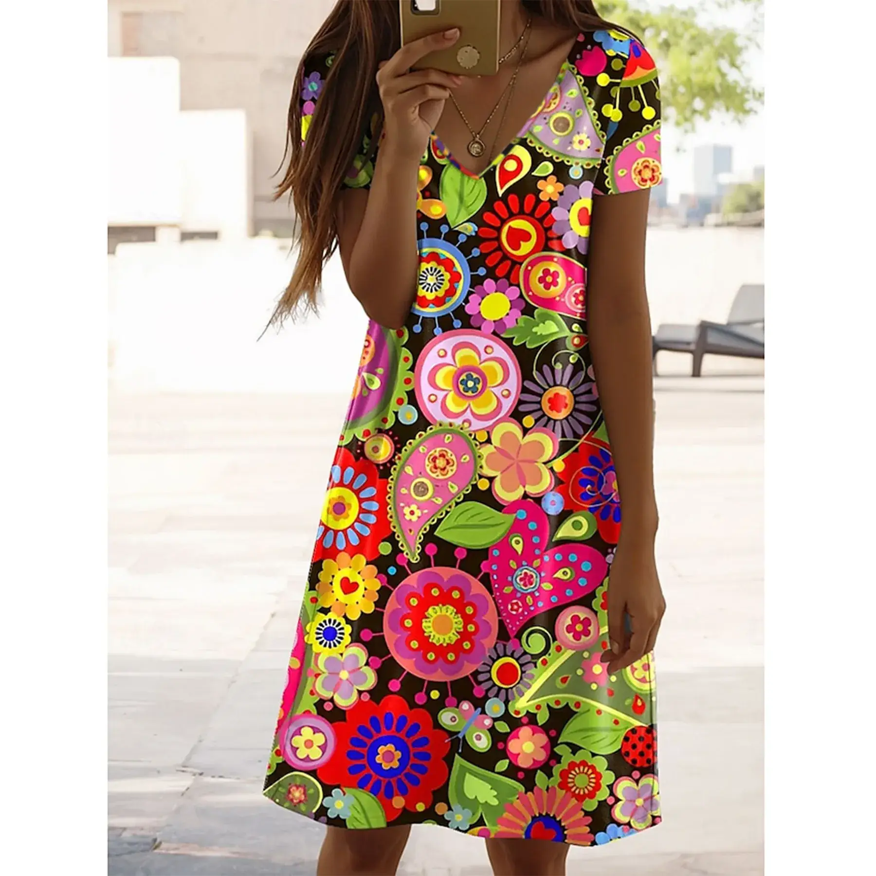 2024 Geometric V-neck Midi Dress Short Sleeve - Image 6