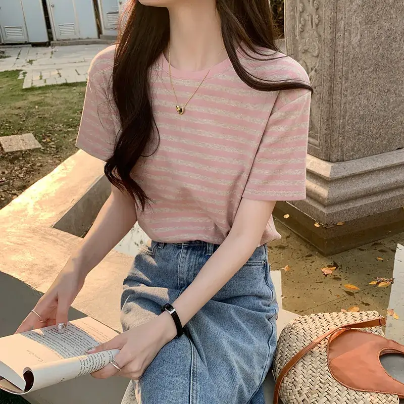 Women Striped Cotton T-Shirt Short Sleeve Loose Fit - Image 5