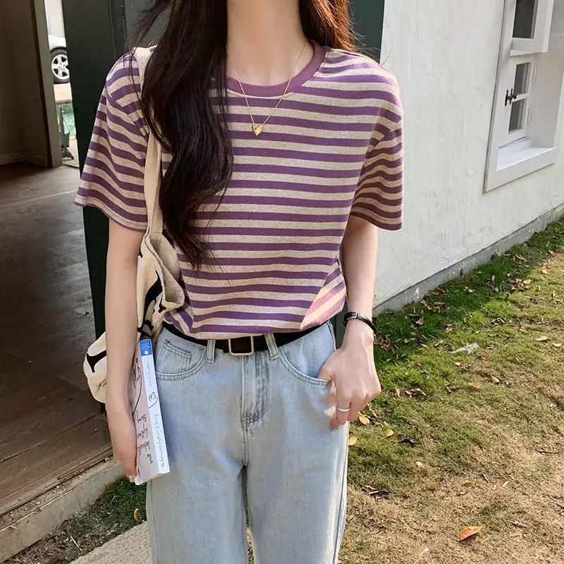 Women Striped Cotton T-Shirt Short Sleeve Loose Fit - Image 6