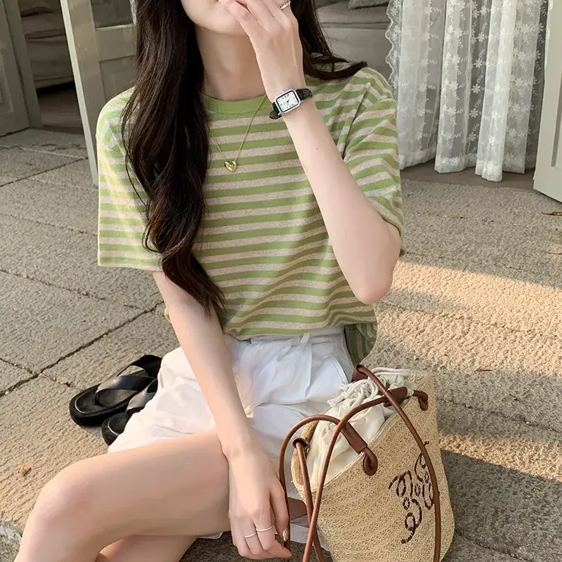 Women Striped Cotton T-Shirt Short Sleeve Loose Fit - Image 7