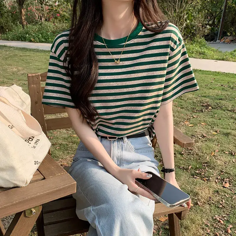 Women Striped Cotton T-Shirt Short Sleeve Loose Fit - Image 8
