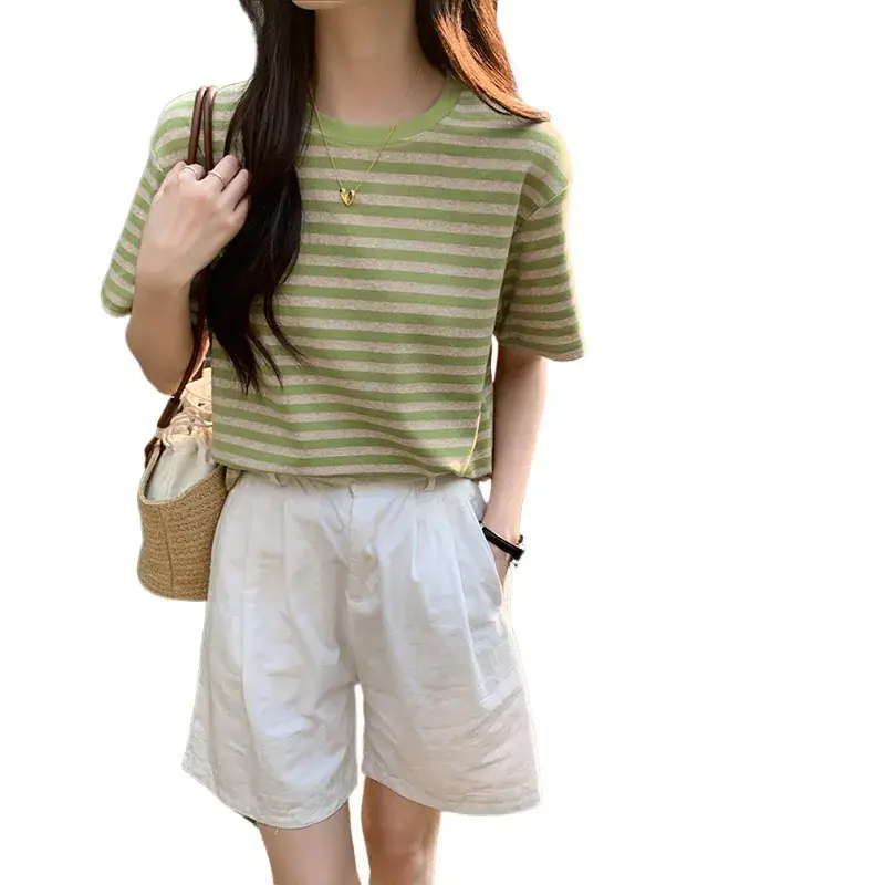Women Striped Cotton T-Shirt Short Sleeve Loose Fit - Image 9