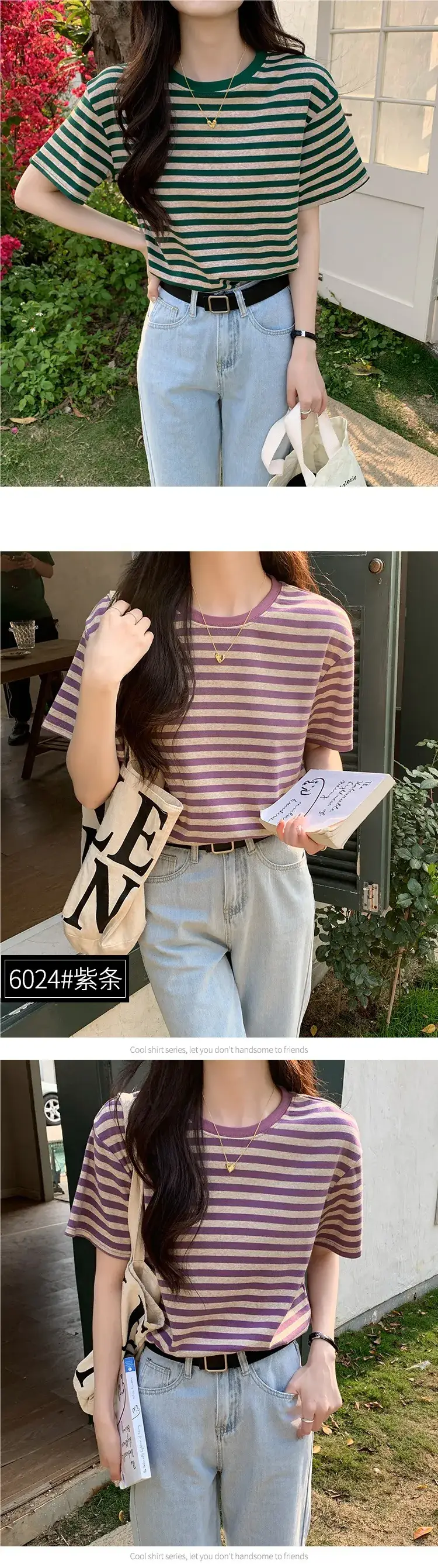 Women Striped Cotton T-Shirt Short Sleeve Loose Fit — feature 15