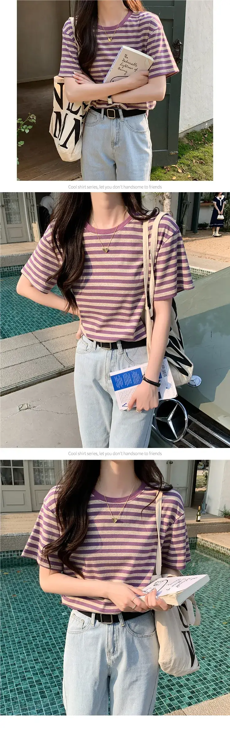 Women Striped Cotton T-Shirt Short Sleeve Loose Fit — feature 16