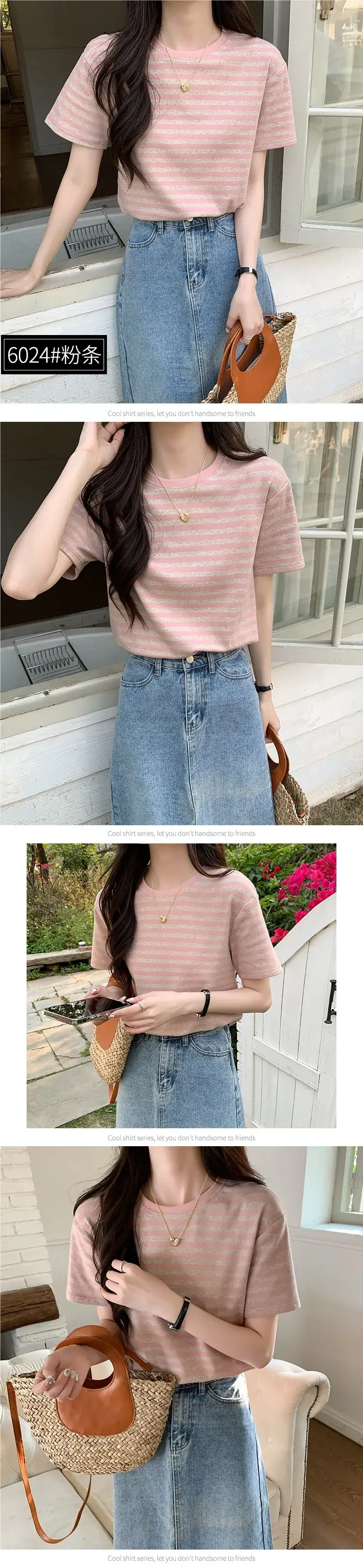 Women Striped Cotton T-Shirt Short Sleeve Loose Fit — feature 17