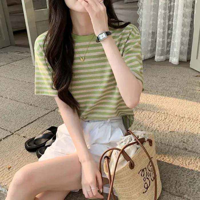 Women Striped Cotton T-Shirt Short Sleeve Loose Fit - Image 3