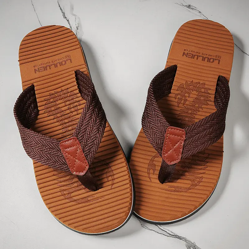 Men's Brown Leather Flip Flops Summer Casual Shoes