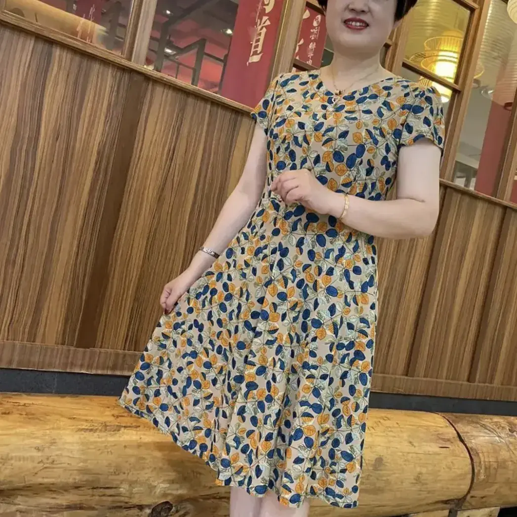 Women's Navy Printed Midi Dress Loose Fit Summer Wear