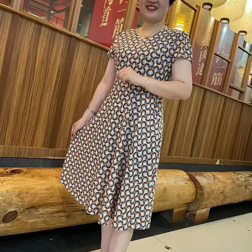 Women's Navy Printed Midi Dress Loose Fit Summer Wear