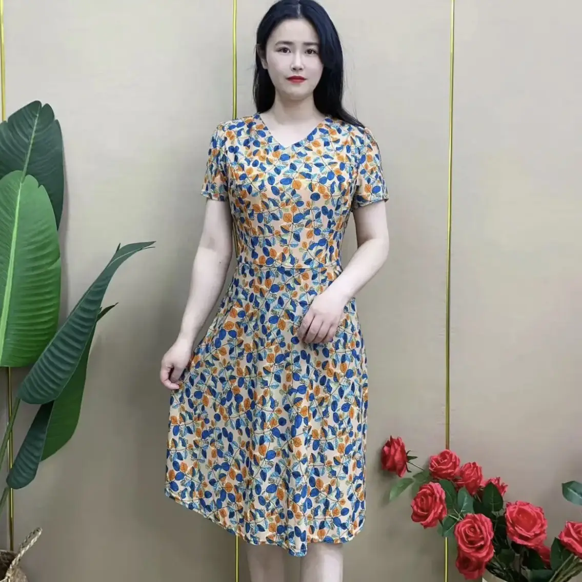 Women's Navy Printed Midi Dress Loose Fit Summer Wear — feature 28